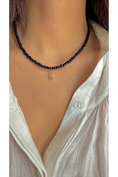 Gigi Siyah kum boncuk spiral uçlu kolye