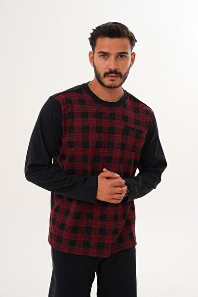 Çift Kaplan Erkek Damalı O Yaka Bordo Pijama Takımı 8022