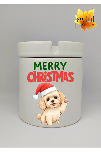 Eylül Design كلب لطيف مع قبعة رأس السنة الجديدة، عيد ميلاد سعيد مطبوع، منفضة سجائر سيراميكية غير معطرة