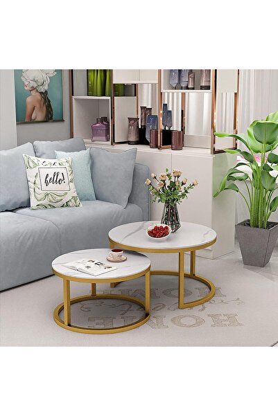 Miskat Trading Modern Nesting Coffee Table Set of 2 - Round Marble-Texture Slate Tops, Steel Frame