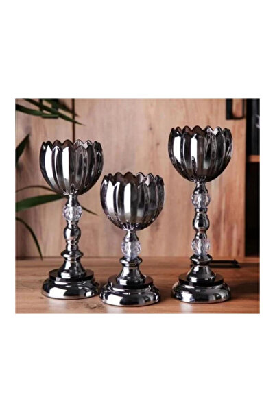 GÖNÜL MUTFAK Gönül GNL 4471 Dekoratif Gri Cam Şamdan 3'lü