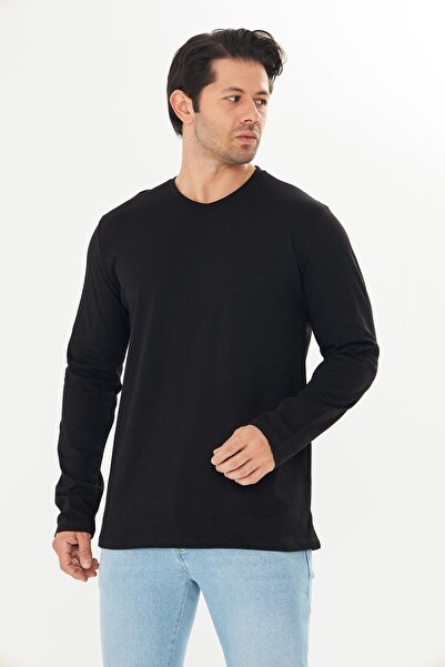 TRENDHİLL Men's Cotton V-Neck Long Sleeve T-Shirt Black 5021-S