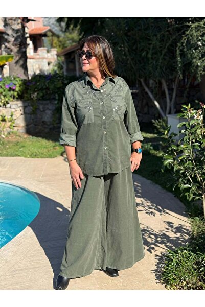 Punta Otantik Nc25446 Italian Velvet Sequin Pants Blouse Set Green