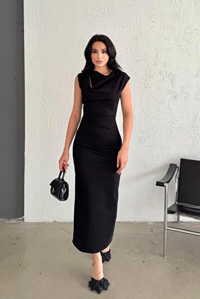 Serica Moda Black Shoulder Detail Midi Dress