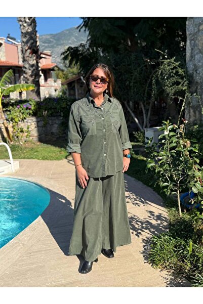 Punta Otantik Nc25446 Italian Velvet Sequin Pants Blouse Set Green