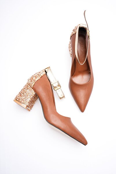 MARCHEO Estelle Women's Tan Gold Thick Heeled Shoes