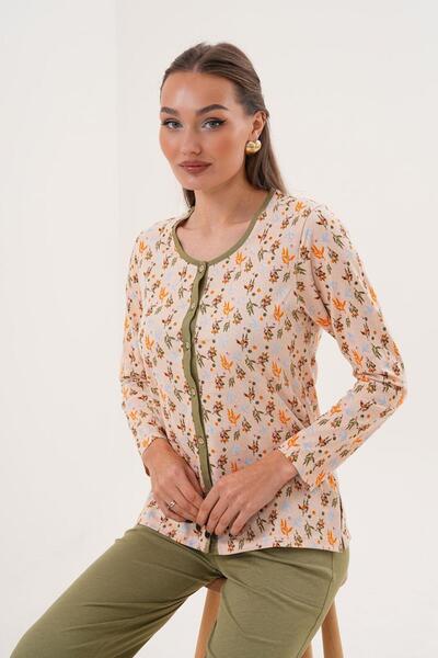 Çift Kaplan Kadın Pamuk Zeytin Dalı Desenli Önden Düğmeli Yeşil Pijama Takımı...