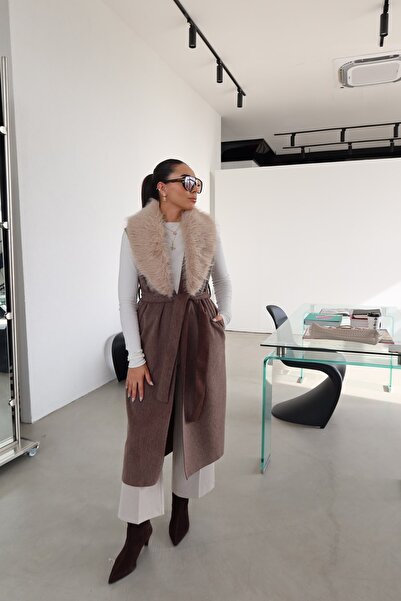 DUSOHOME Long Vest with Fur Collar Maxi Lace-Up Vest