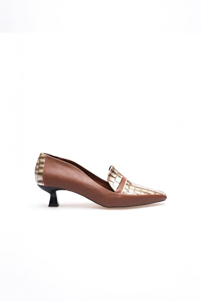 MARCHEO Elsie Women's Tan Gold Crocodile Short Heeled Shoes