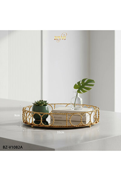 Hinora Burgu Halka Model Yuvarlak Aynalı Şık Dekor Tepsi 35x35x9cm