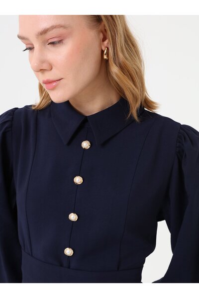 Benin Φόρεμα Hijab με χρυσό κουμπί, λεπτομερή μανίκια με φουσκωτά μανίκια και ζώνη - Μπλε ναυτικό -