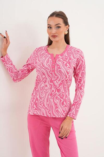 Çift Kaplan Kadın Pamuk Desenli Açık Patlı Pembe Pijama Takımı 7022
