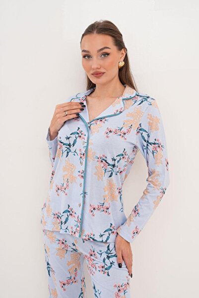 Çift Kaplan Kadın Pamuk Modal Gömlek Yaka Önden Açık Mavi Pijama Takımı 7003