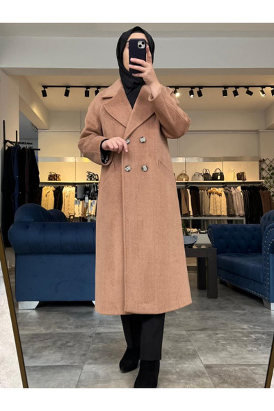 Zühre Women's Double-Breasted Collar Pocket Detailed Cashmere Brown Coat 13300