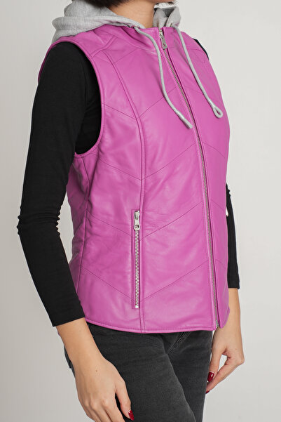 Tasarım Carmen Kadın Fuşya Hakiki Deri Kapüşonlu Yelek