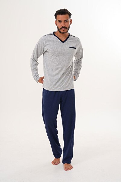 Çift Kaplan Erkek Düz V Yaka Gri Pijama Takımı 8001