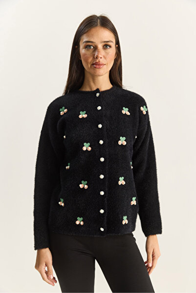 Bianco Lucci Women's Soft Textured Cherry Embroidered Pearl Accessory Knitwear Cardigan 60283702