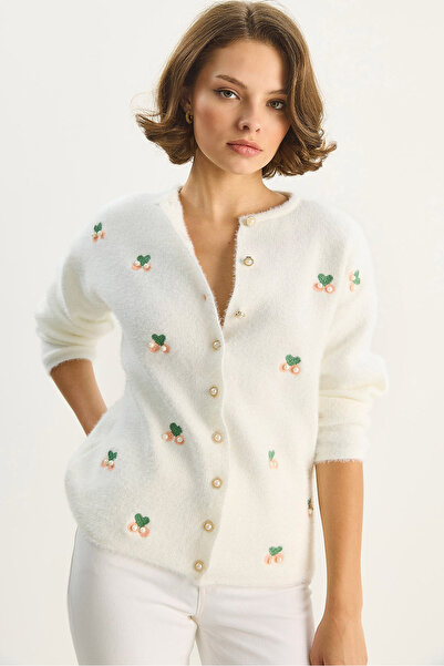 Bianco Lucci Women's Soft Textured Cherry Embroidered Pearl Accessory Knitwear Cardigan 60283702