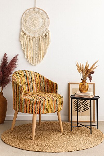 WEBPANYA Gürgen Ahşap Ayak Özel Üretim Renkli Dokuma Kumaş Dekoratif Berjer Puf Makyaj Masası Berjeri