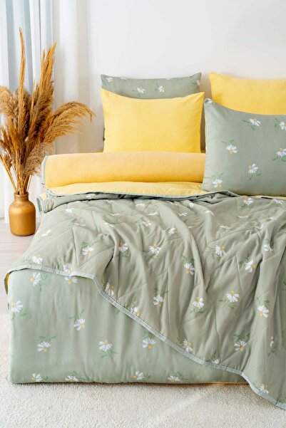 Rivaİstanbul Green Daisy Double Duvet Cover Pique Set - 7 Piece Dowry Set