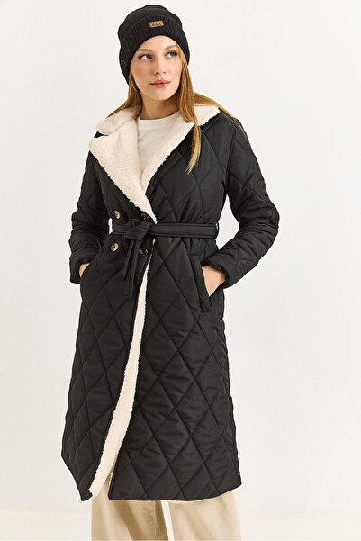 Raneel Kazançlı Alışveriş Women's Collar Faux Fur Buttoned Quilted Coat Black