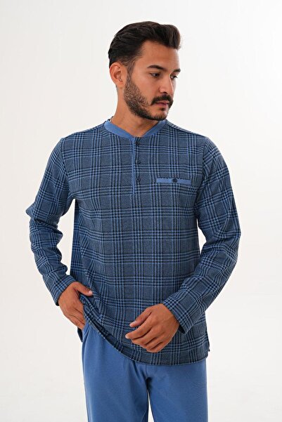 Çift Kaplan Erkek Zigzat Desen Patlı Mavi Pijama Takımı 8008