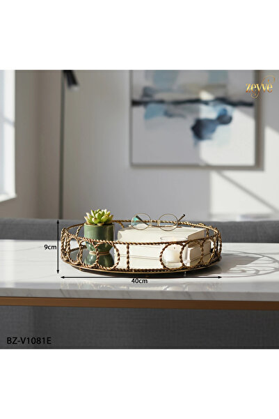 Hinora Twisted Ring Model Round Mirrored Stylish Decor Tray 40X40X9Cm