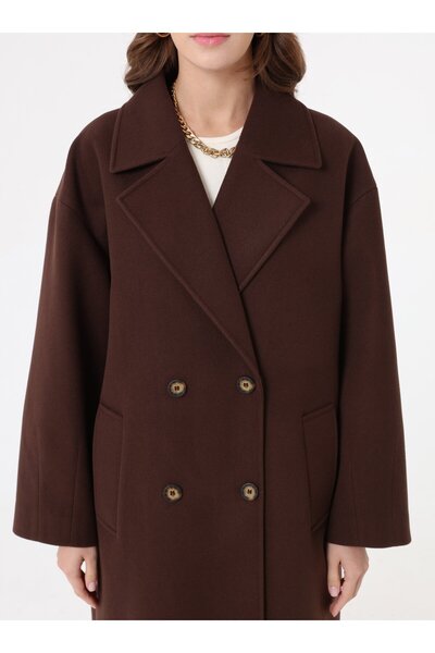 Refka Double-Breasted Off-Shoulder Long Basic Coat with Closure Detail - Brown -
