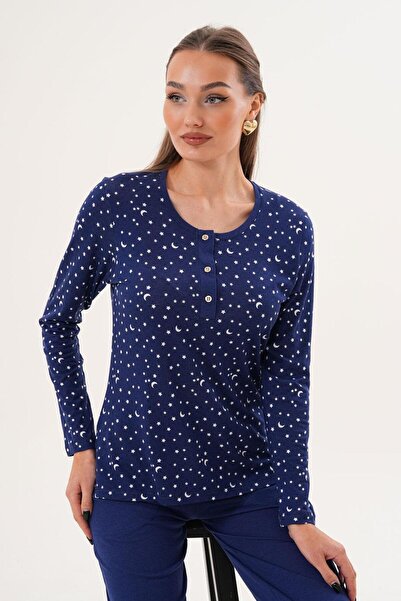 Çift Kaplan Kadın Pamuk Modal Yıldızlı Açık Patlı Lacivert Pijama Takımı 7005