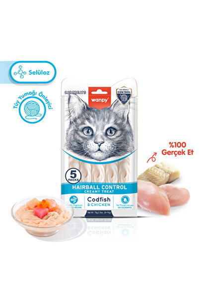 Wanpy Tüy Yumağı Önleyici Kedi Ödül Maması Morina Balığı & Tavuk Hairball Con...