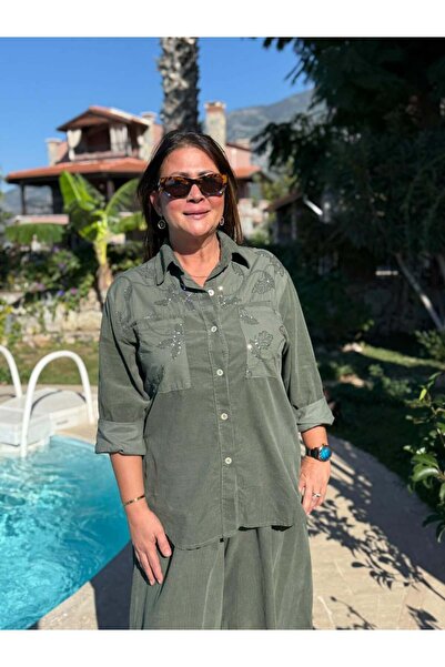 Punta Otantik Nc25446 Italian Velvet Sequin Pants Blouse Set Green