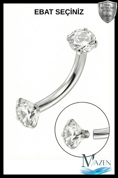 MAZEN Gümüş Renk Çift Zirkon Taşlı Tırnaklı Kaş Piercingi (Curved Barbell)
