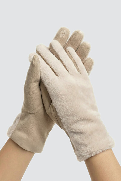 robanu Women's Beige Plush Detailed Suede Touch Screen Compatible Winter Gloves