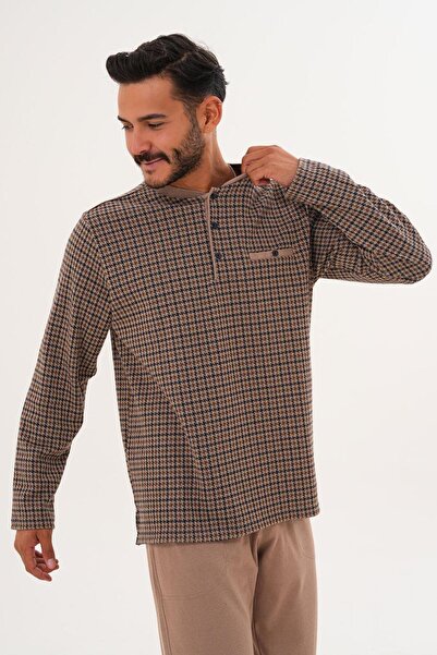 Çift Kaplan Erkek Desenli Patlı Bej Pijama Takımı 8038