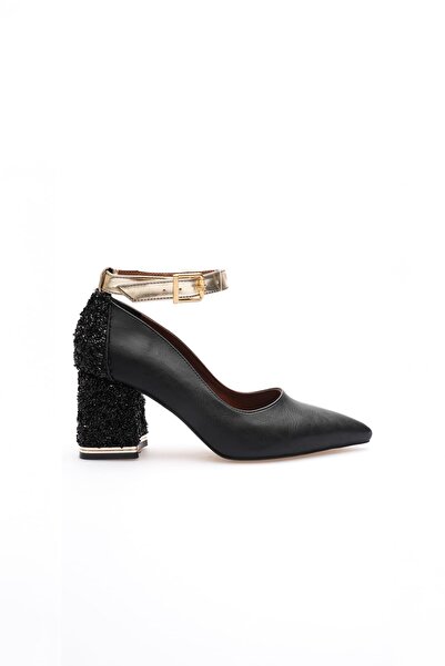 MARCHEO Estelle Women's Black Gold Thick Heeled Shoes