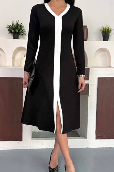 Ded COLLECTION Women's V-Neck White Striped Front Slit Detailed Black Long Sleeve Dress