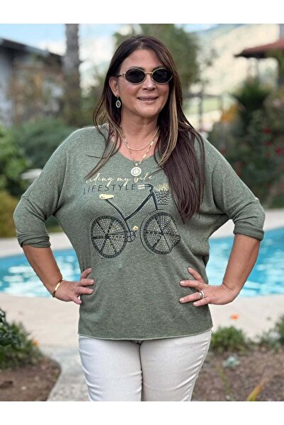 Punta Otantik Yg1095 V-Neck Bicycle Printed Italian Knitwear Blouse Khaki