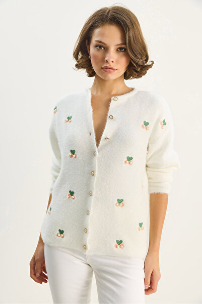 Bianco Lucci Women's Soft Textured Cherry Embroidered Pearl Accessory Knitwear Cardigan 60283702