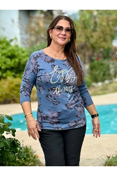 Punta Otantik Yg24614 Floral Patterned Stone Italian Knitwear Blouse Blue