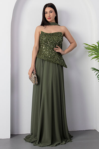 PULLIMM Rochie de seară din șifon, fără bretele, cu paiete, ECR5701