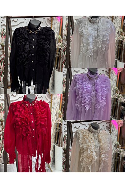 ŞEHRAZAT BUTİK Flounce Shirt with Stone Detail on the Collar