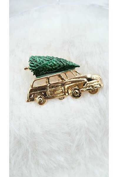 Jerie Gold Araba ve Çam Ağacı Detay Yeni Yıl Broş