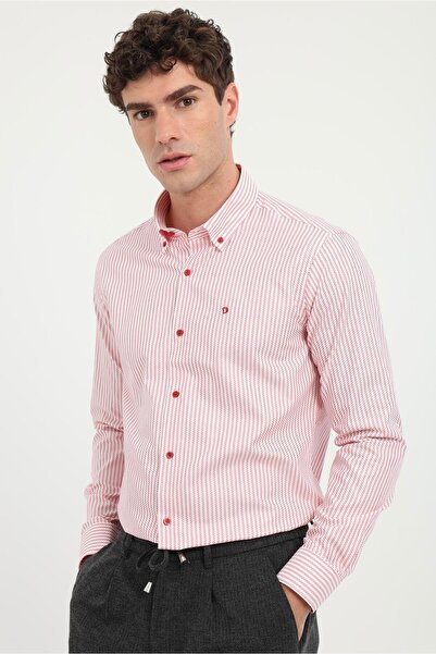 Dufy Kırmızı Erkek Slim Fit Desenli Brent Yaka Uzun Kol Gömlek