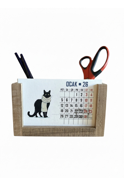KAVSA Kedi Temalı Ahşap Takvimli Kalemlik
