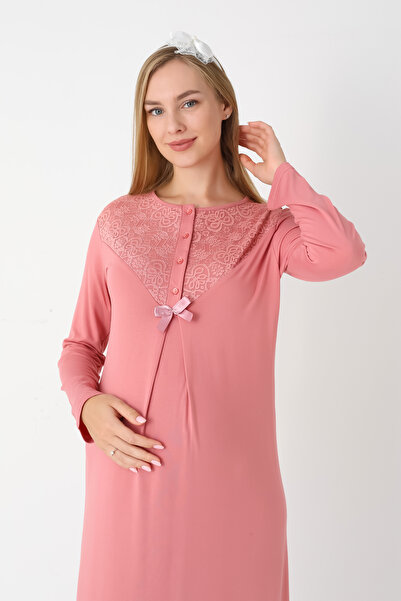 ERDENİZ TEKSTİL Lace Sleeve Maternity Nightgown and Robe Set Viscose Cotton - Pomegranate Flower and Mink