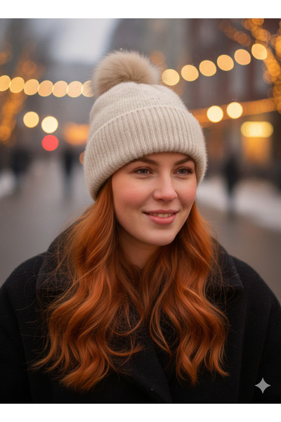 la_hatun Ponponlu Bej Simli Bere Rengi İç Polar Soğuk Havalar İçin Yerli Üretim