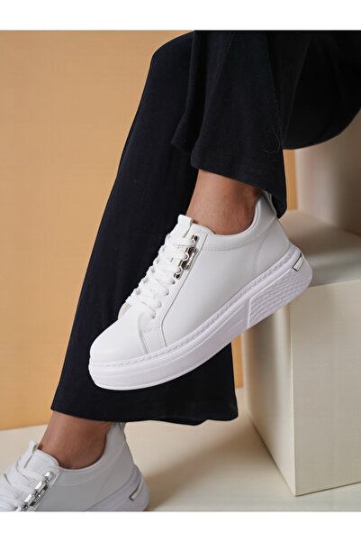 Jarrox Lola White Women's Sneaker with Silver Accessory Detail (4.5 cm Poly Sole)