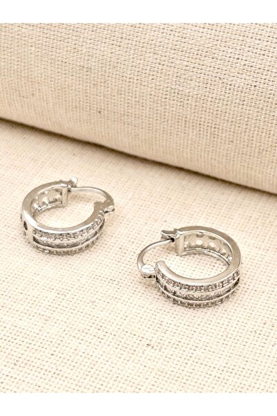 Siya Silver Özel Seri Üç Sıra Zirkon Taşlı Çelik Halka Küpe - 1,7 cm