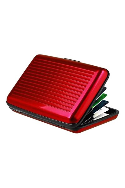 Generic Aluminum card wallet, red, ribbed design, multi-pocket