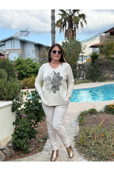 Punta Otantik Yg8024 Floral Patterned Stone Italian Knitwear Blouse Cream